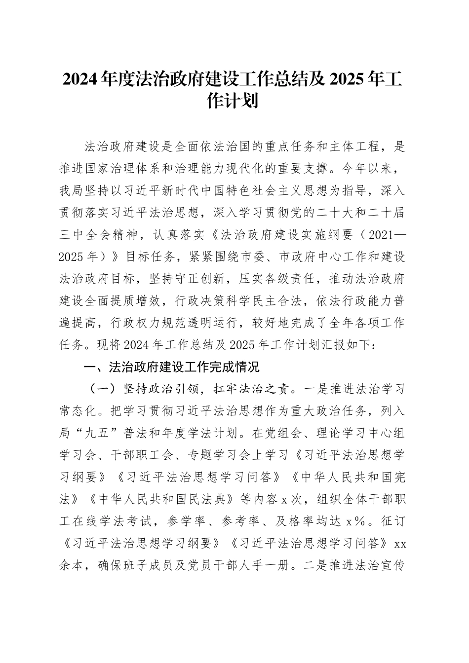 2024年度法治政府建设工作总结及2025年工作计划_第1页