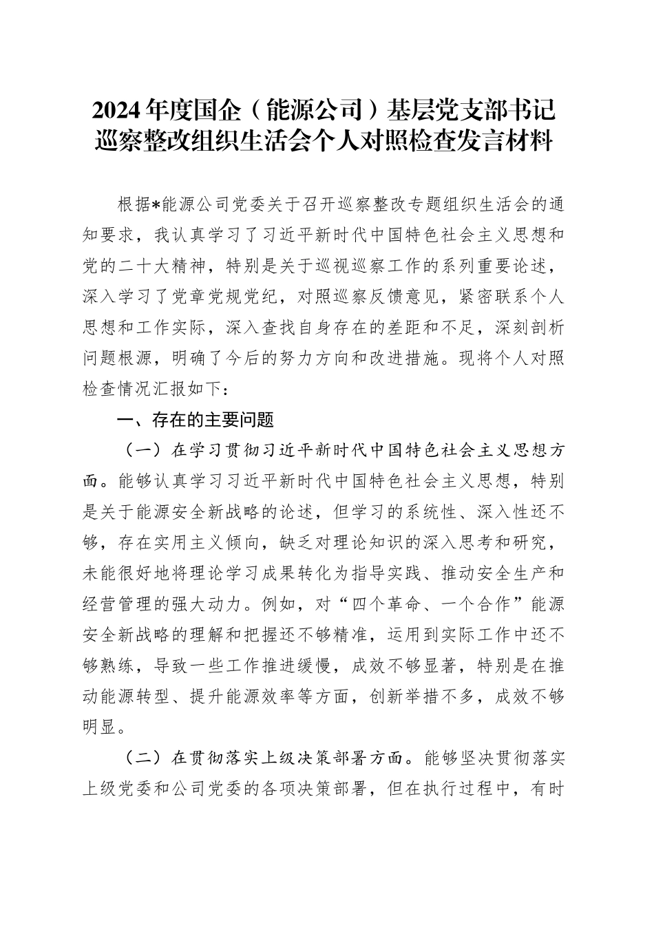2024年度国企（能源公司）基层党支部书记巡察整改组织生活会个人对照检查发言材料_第1页