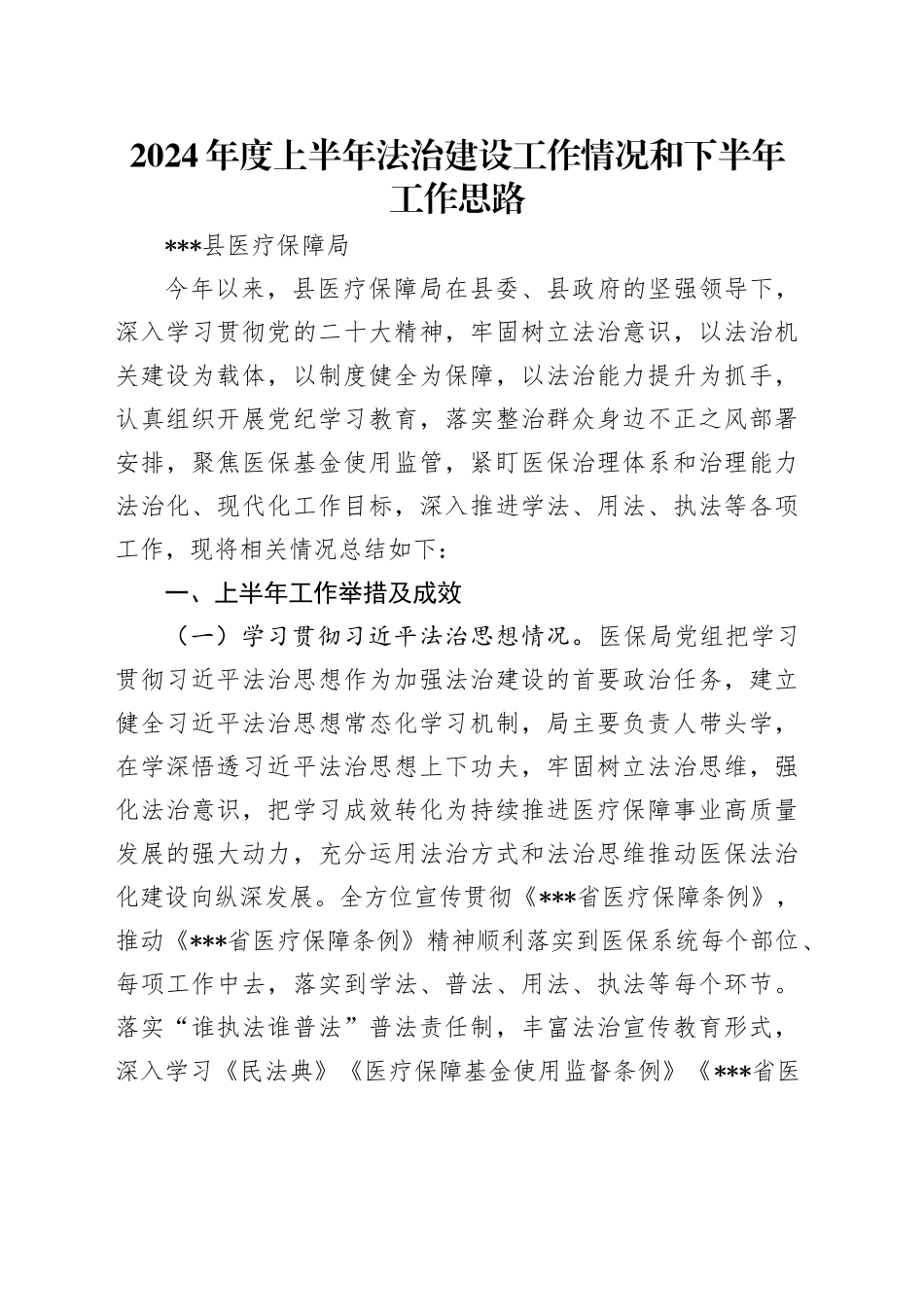 2024年度上半年法治建设工作情况总结（医保系统）_第1页