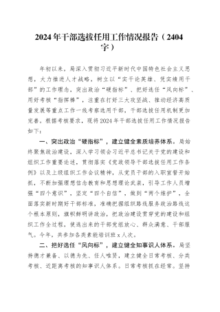 2024年干部选拔任用工作情况报告（2404字）
