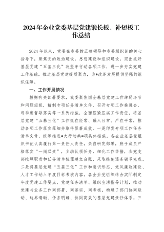 2024年公司基层党建锻长板、补短板工作总结