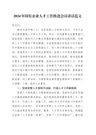 2024年国有企业人才工作推进会议讲话公司20240325