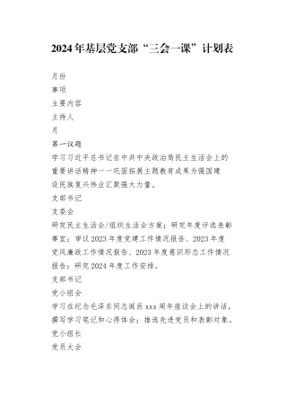 2024年基层党支部“三会一课”“主题党日”计划表