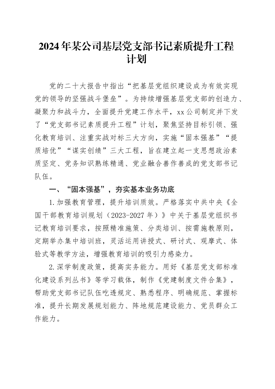 2024年某公司基层党支部书记素质提升工程计划_第1页