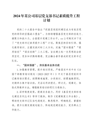 2024年某公司基层党支部书记素质提升工程计划