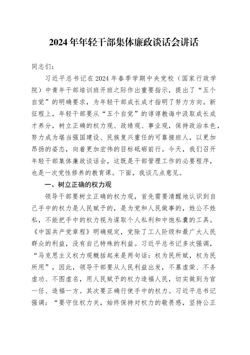 2024年年轻干部集体廉政谈话会讲话青年会议20240710_第1页