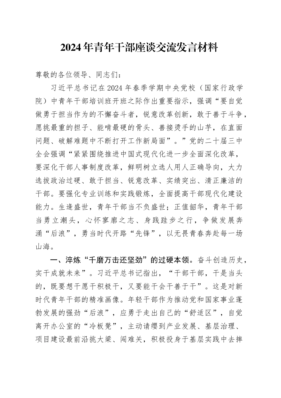 2024年青年干部座谈交流发言材料_第1页