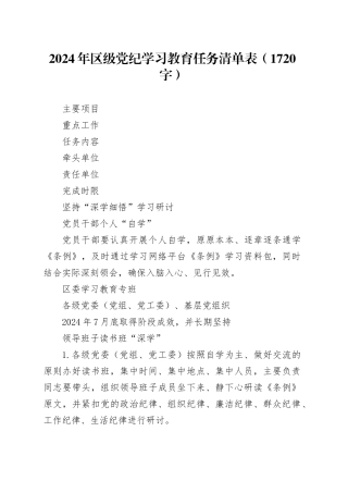 2024年区级党纪学习教育任务清单表（1720字）