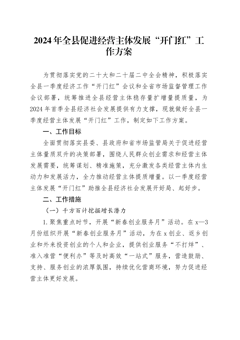 2024年全县促进经营主体发展“开门红”工作方案_第1页
