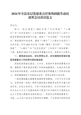 2024年全县基层党建重点任务巩固提升动员部署会议讲话20240315
