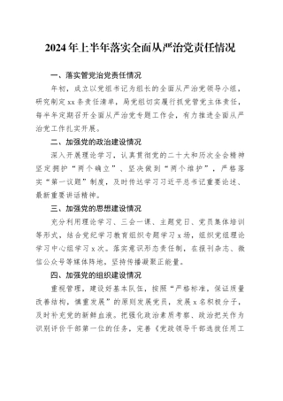 2024年上半年落实全面从严治党责任情况