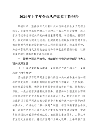 2024年上半年全面从严治党工作报告