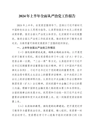 2024年上半年全面从严治党工作报告汇报报告20240712