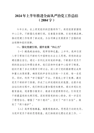 2024年上半年推进全面从严治党工作总结（2884字）