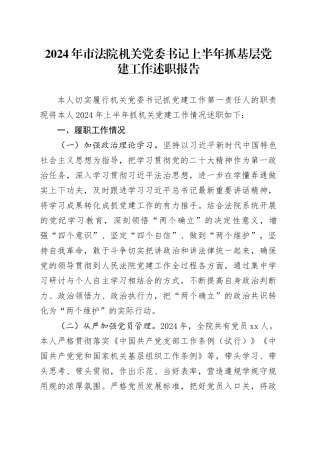 2024年市法院机关党委书记上半年抓基层党建工作述职报告
