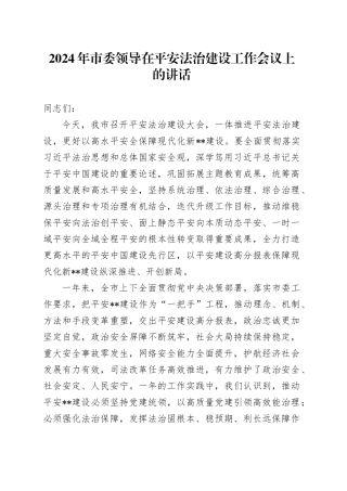 2024年市委领导在平安法治建设工作会议上的讲话