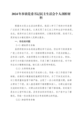 2024年乡镇街道党委书记民主生活会个人剖析材料