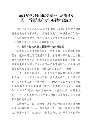 2024年学习全国两会精神高质量发展新质生产力心得体会研讨发言材料20240322