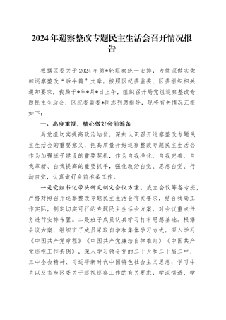 2024年巡察整改专题民主生活会召开情况报告