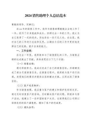 2024销售助理个人总结范本