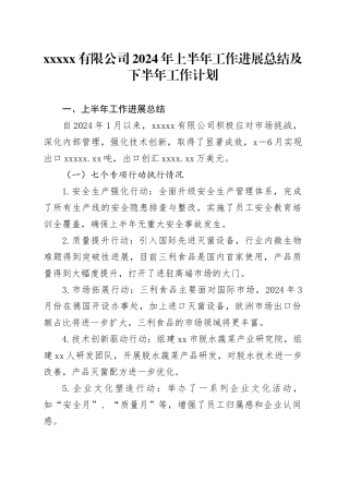 xxxxx有限公司2024年上半年工作进展总结及下半年工作计划
