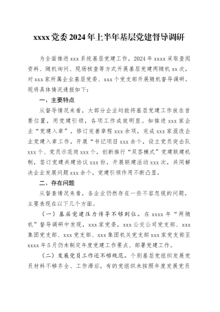 XXXX党委2024年上半年基层党建督导调研