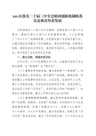 xxx区落实二十届三中全会精神创新机制抓落实克难攻坚求发展