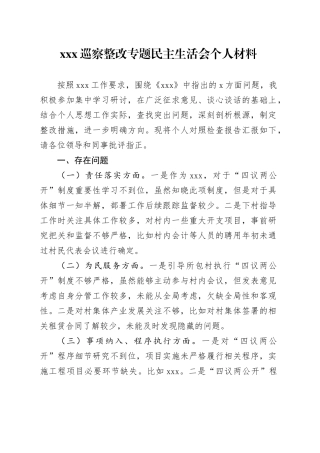 XXX巡察整改专题民主生活会个人材料