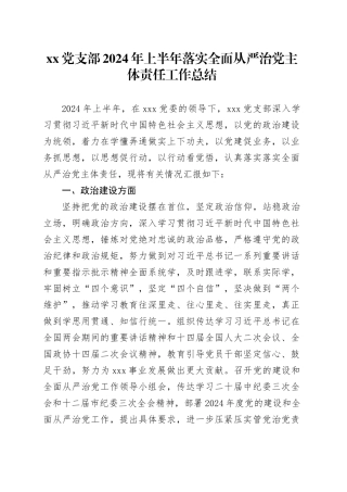 xx党支部2024年上半年落实全面从严治党主体责任工作总结
