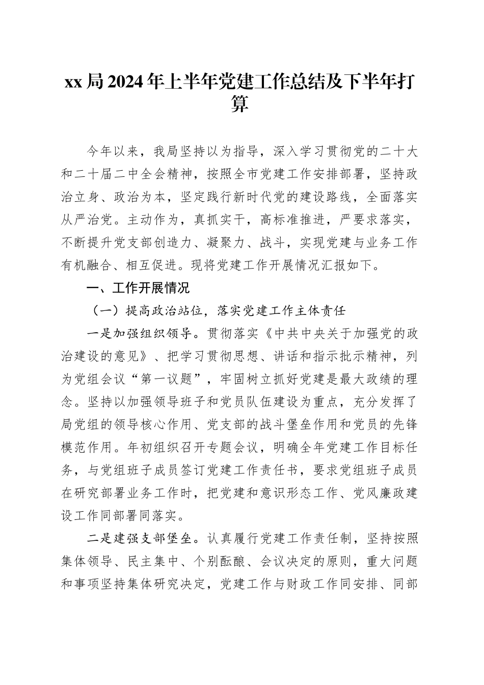 XX局2024年上半年党建工作总结及下半年打算_第1页