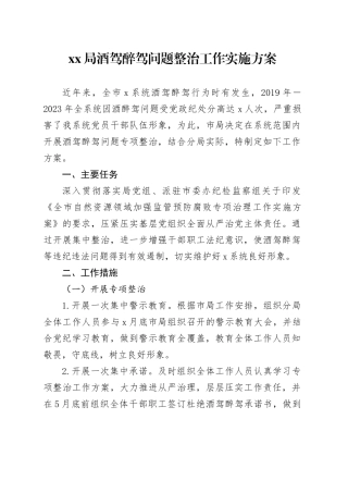 XX局酒驾醉驾问题整治工作实施方案