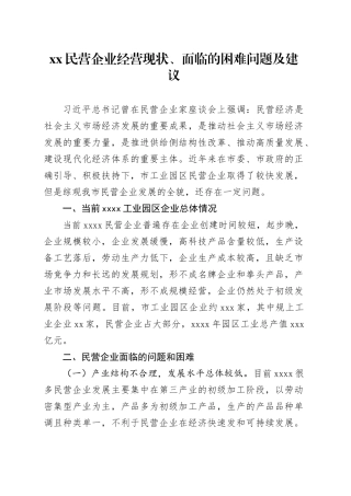 xx民营企业经营现状、面临的困难问题及建议