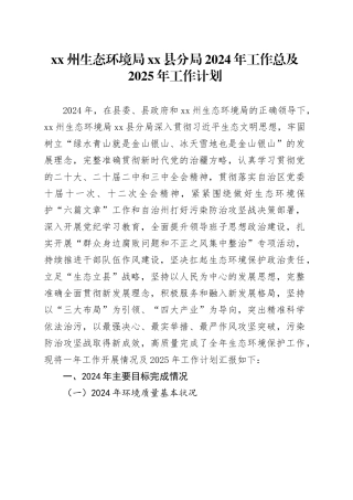 XX州生态环境局县分局2024年工作总及2025年工作计划（20241028）