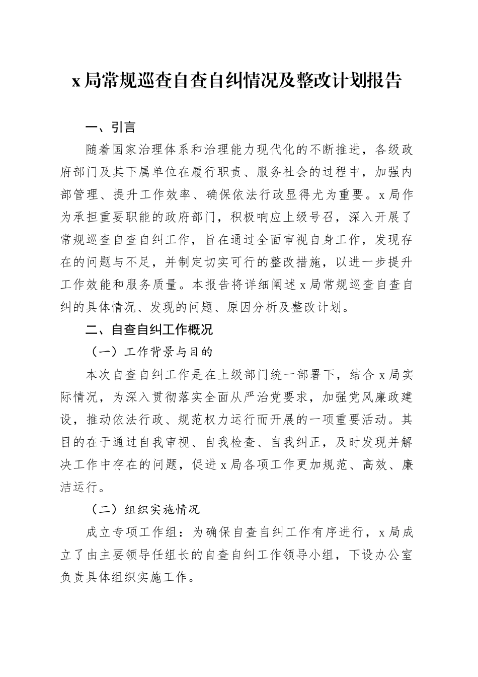 X局常规巡查自查自纠情况及整改计划报告_第1页