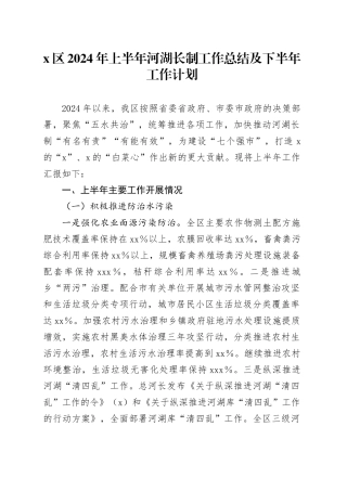 X区2024年上半年河湖长制工作总结及下半年工作计划