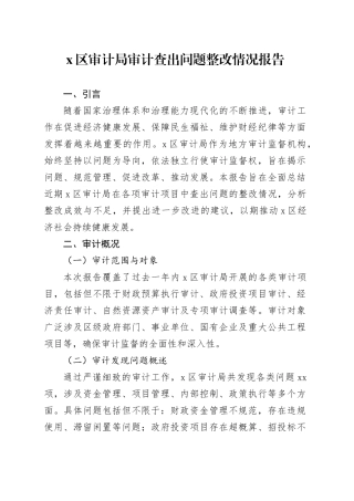 X区审计局审计查出问题整改情况报告