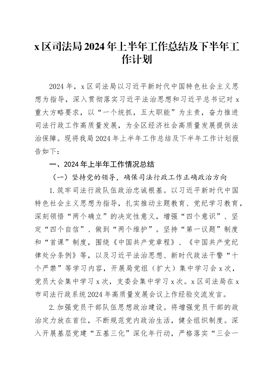 X区司法局2024年上半年工作总结及下半年工作计划_第1页