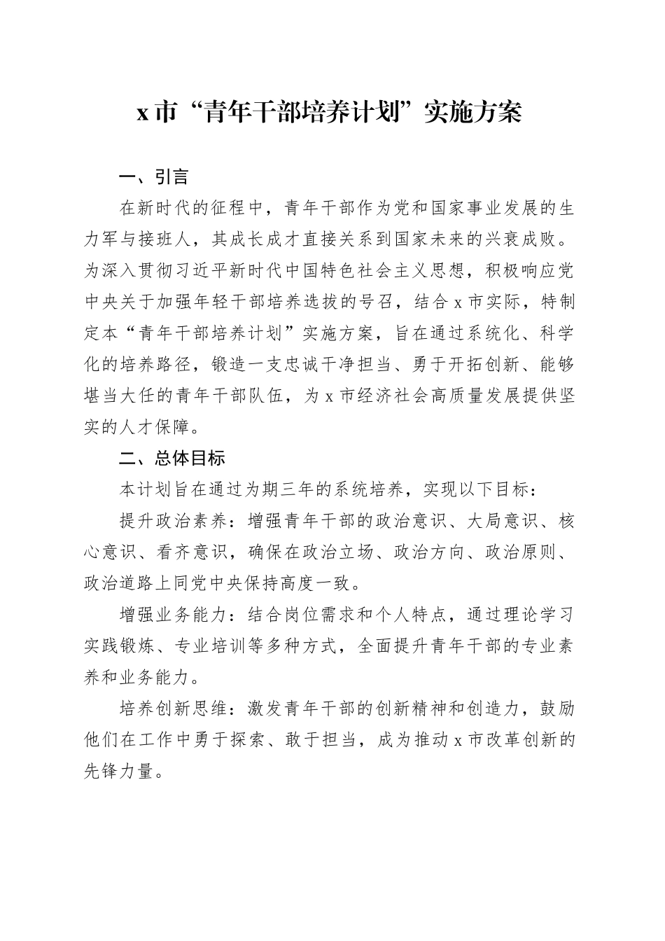 X市“青年干部培养计划”实施方案_第1页