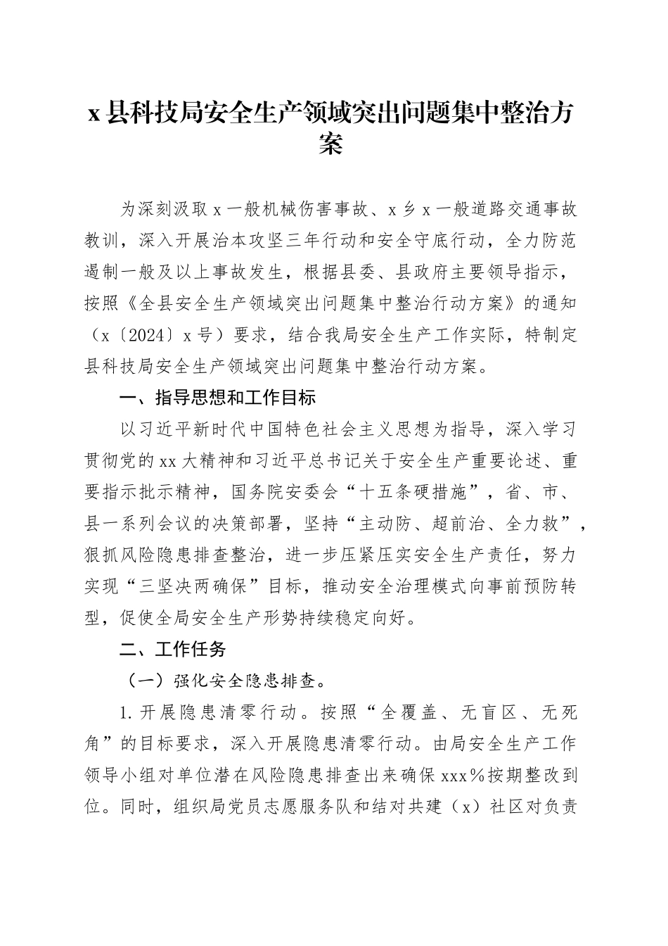 X县科技局安全生产领域突出问题集中整治方案_第1页