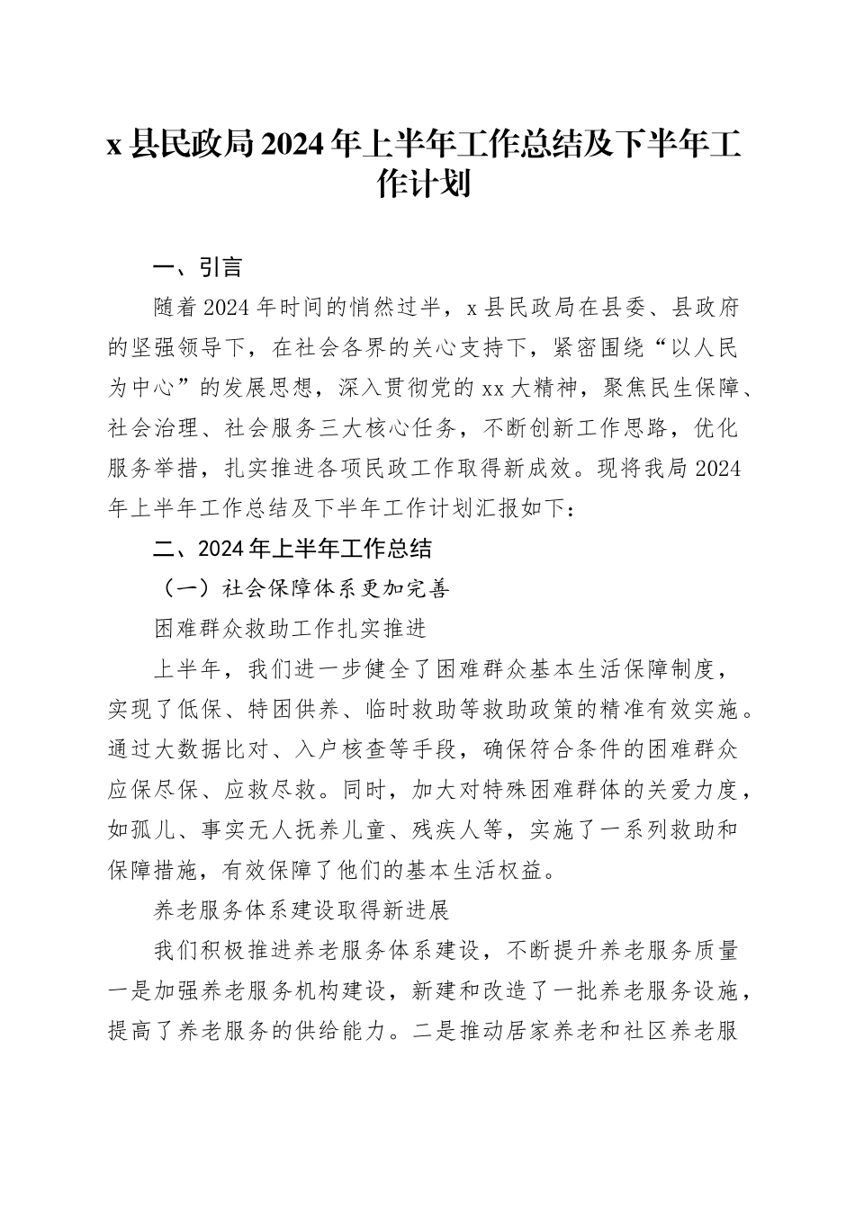 X县民政局2024年上半年工作总结及下半年工作计划_第1页