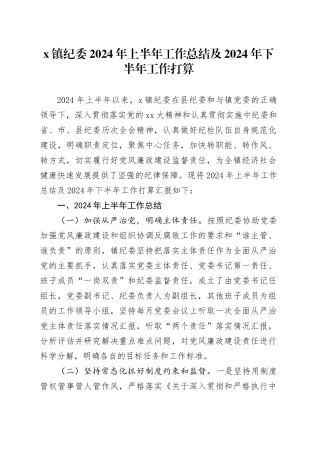 X镇纪委2024年上半年工作总结及2024年下半年工作打算