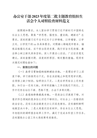办公室干部2023年度主题教育组织生活会个人检查材料（创新理论、党性修养、服务群众、模范作用，发言提纲，检视剖析第二批次对照）四个方面20240126