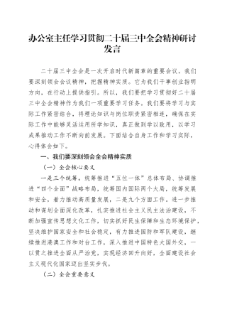 办公室主任学习贯彻二十届三中全会精神研讨发言