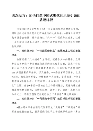 表态发言：加快打造中国式现代化示范引领的县域样板