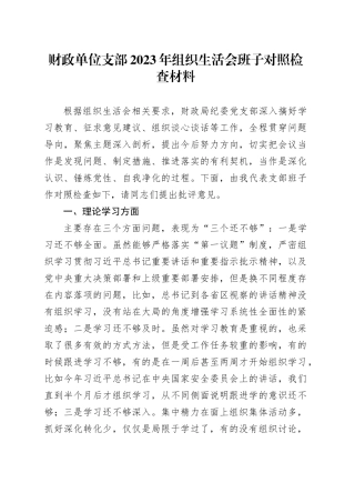财政单位支部2023年组织生活会班子对照检查材料