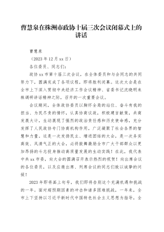 曹慧泉在株洲市政协十届三次会议闭幕式上的讲话