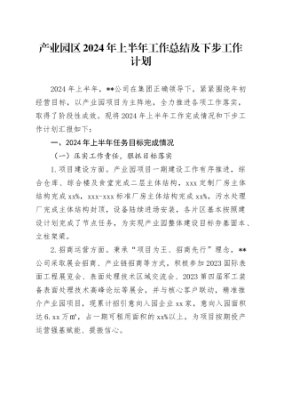 产业园区2024年上半年工作总结及下步工作计划