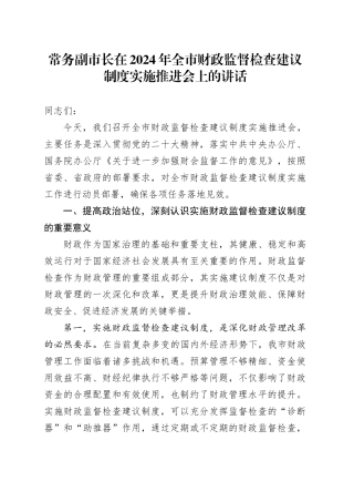 常务副市长在全市财政监督检查建议制度实施推进会上的讲话