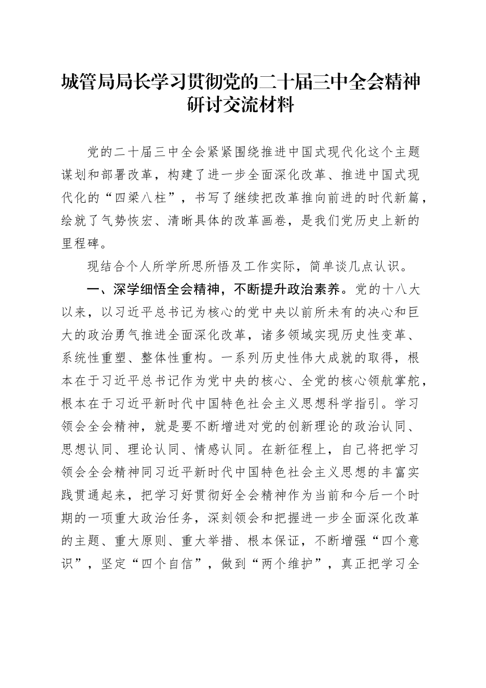 城管执法系统学习贯彻三中全会精神研讨发言_第1页
