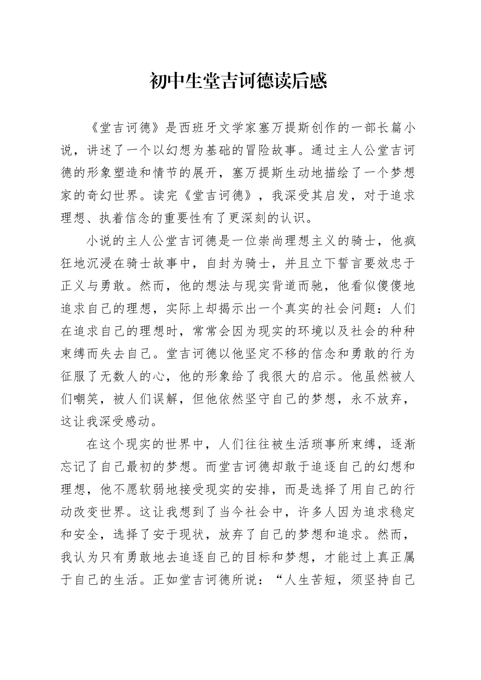 初中生堂吉诃德读后感_第1页